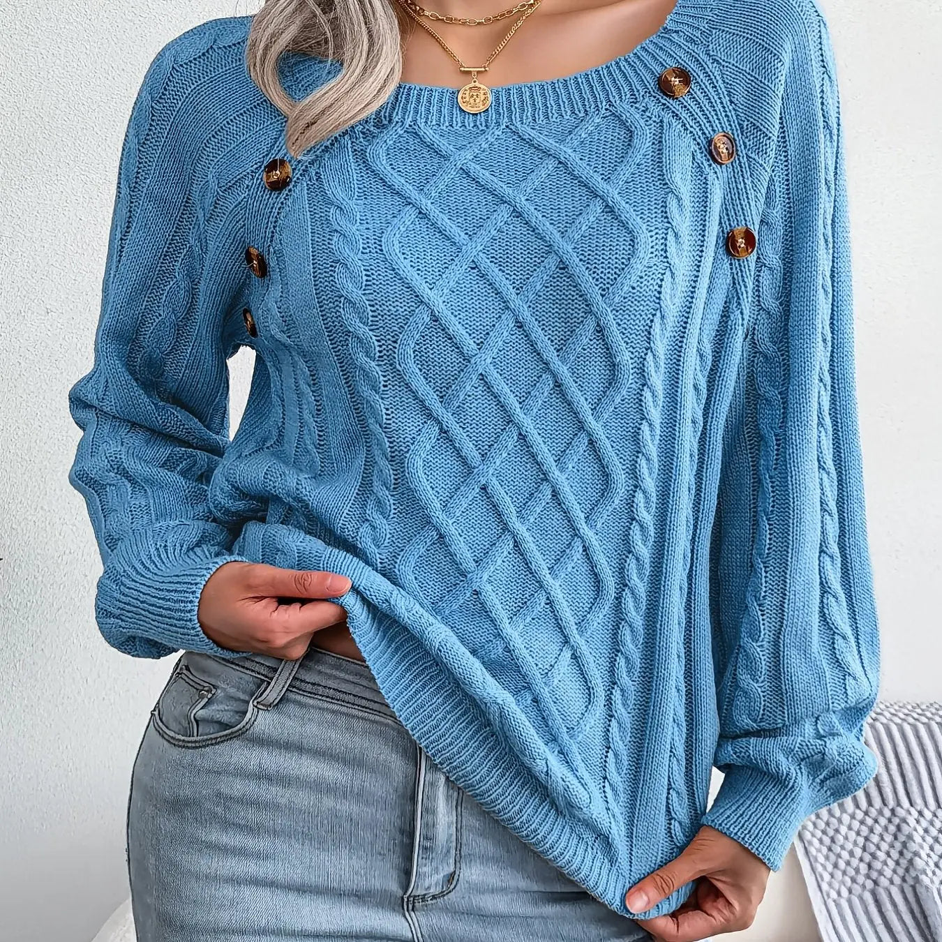 Texture Button Lantern Sleeve Sweater - Women's Round Neck Sweater Lady T Fashions