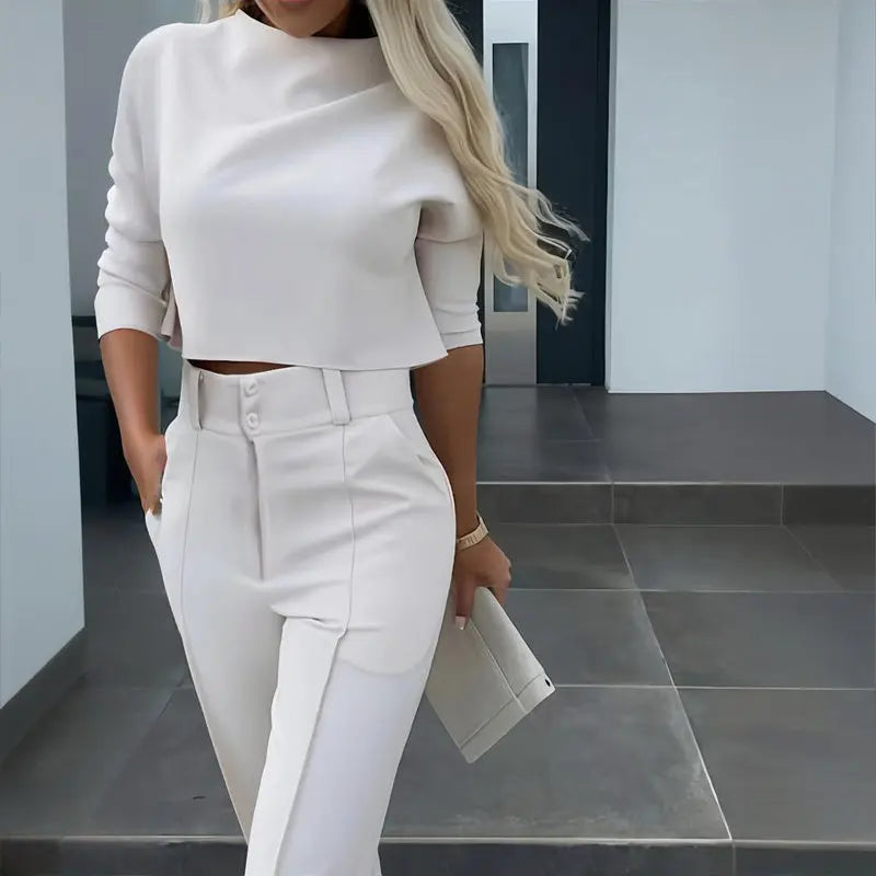 Women's Elegant Solid Color Half Sleeve Short Top With Straight Leg Pants Two-Piece Office Wear Suit With Pockets Lady T Fashions