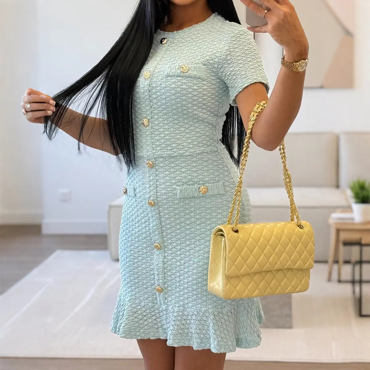 Elegant Button Short Sleeve Dress Women Lady T Fashions