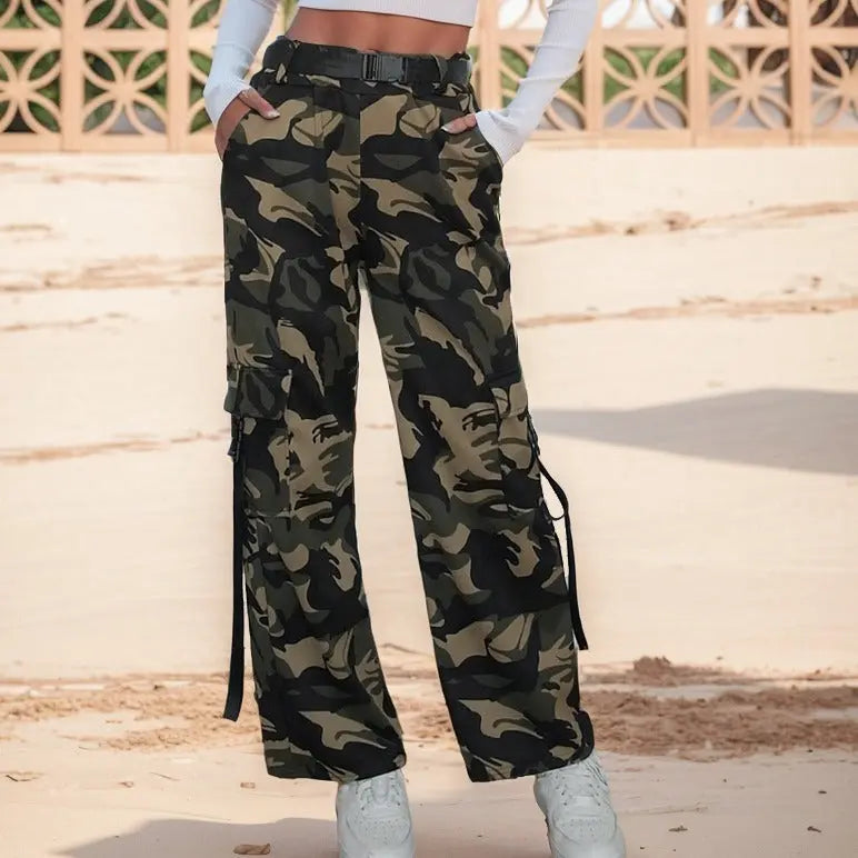 Multi-pocket Lace-up Loose Street Straight-leg Trousers Lady T Fashions