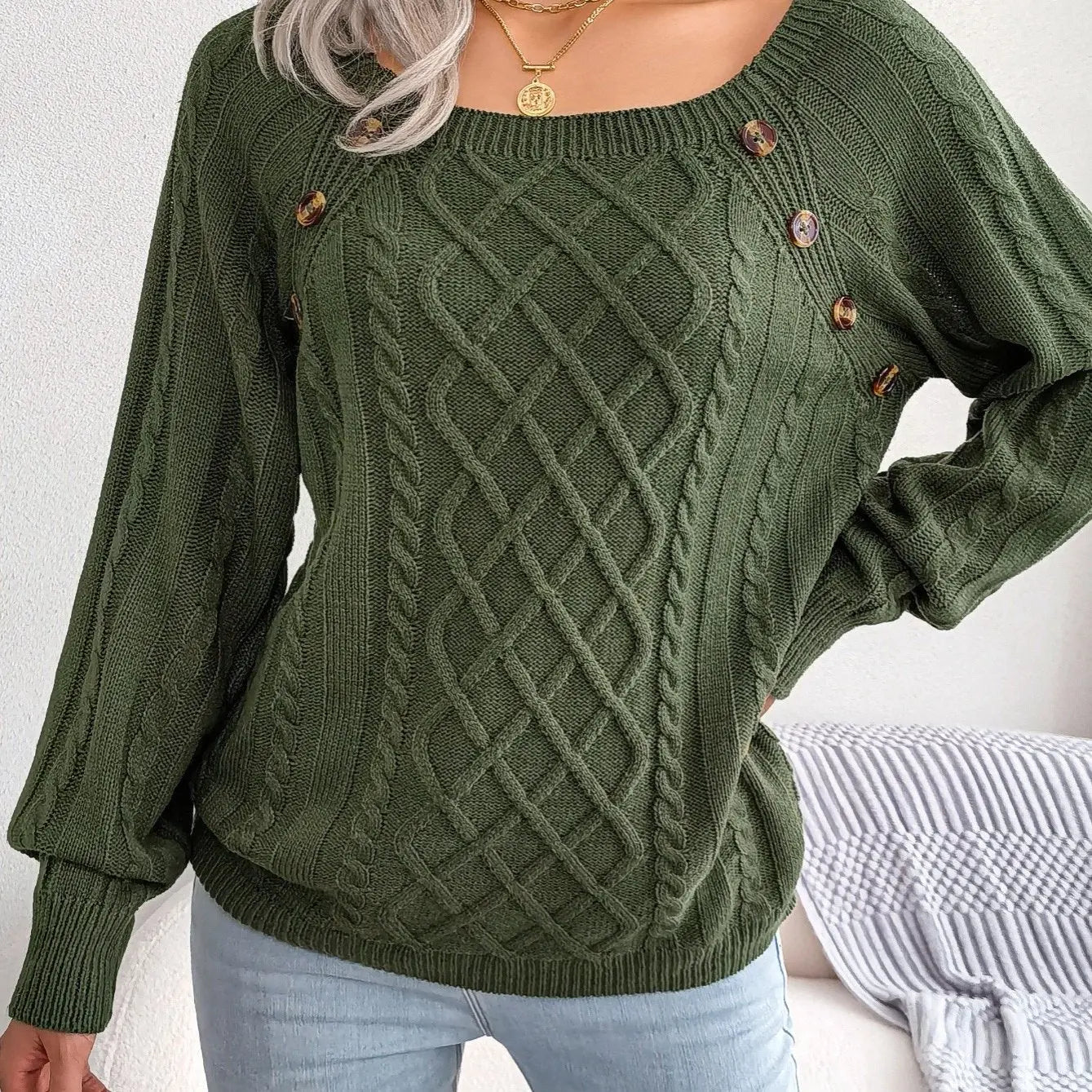 Texture Button Lantern Sleeve Sweater - Women's Round Neck Sweater Lady T Fashions