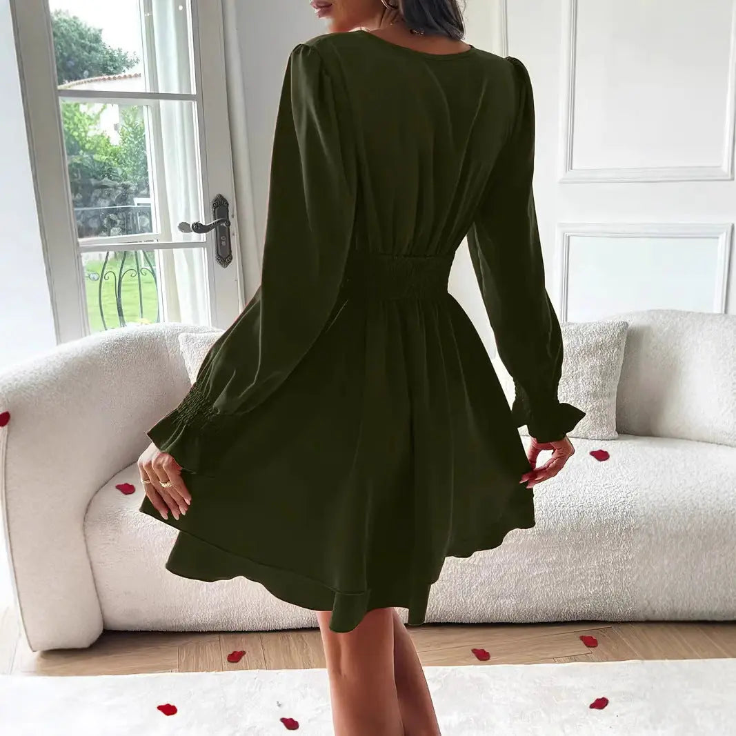 Women's Double-layer Skirt V-neck Tight Waist Dress Lady T Fashions