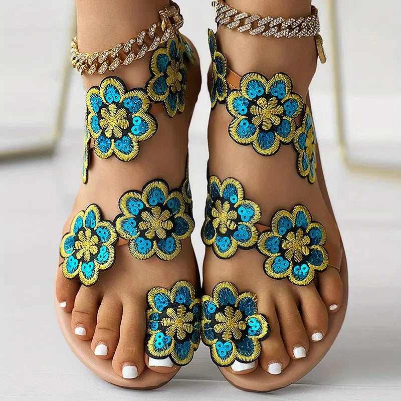 [Flowers Flat Women's Sandals] Women's Flowers Flat Sandals, Fashion Toe Loop Faux Pearl Slip On Shoes, Casual Beach Travel Sandals Lady T Fashions