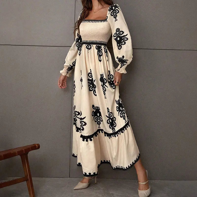 Elegant Women's Retro Geometric Print Lantern Sleeve Dress - Square Neck A-Line With Elastic Cuffs, Casual & Formal Dress Lady T Fashions
