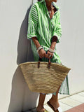 Striped Shirt Dress With Belt Fashion Half-sleeved Lapel Button Cardigan Dresses Women's Clothing Lady T Fashions