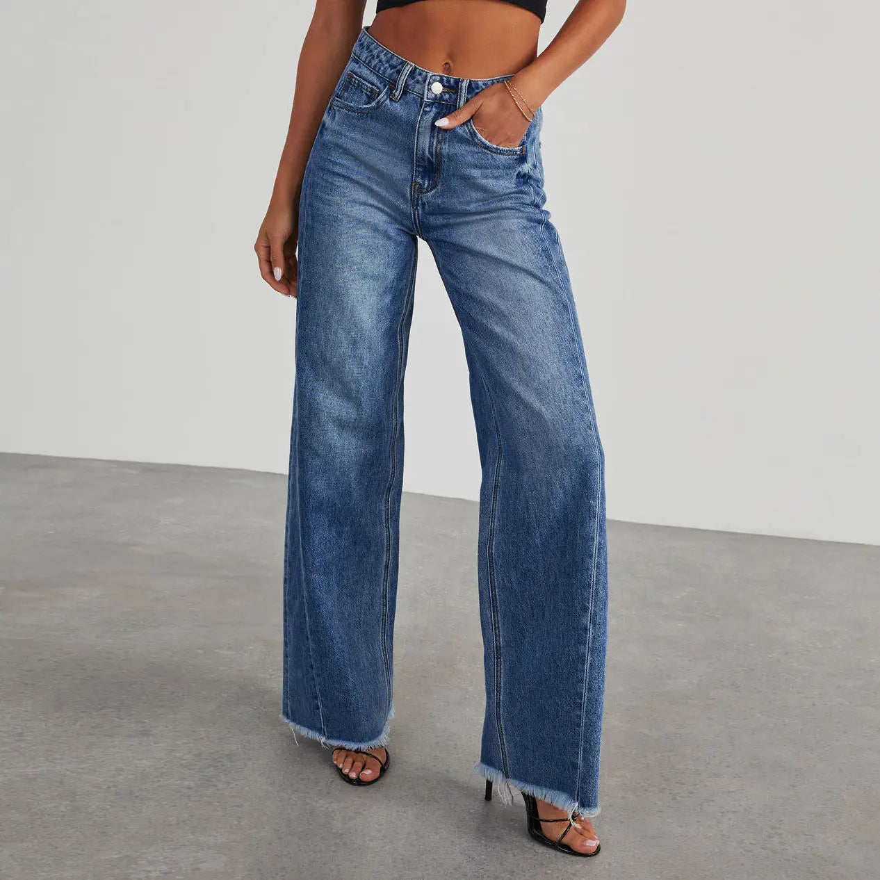 Fashion High Waist Jeans With Pockets Comfortable Slim Fit Straight Wide-leg Pants Womens Clothing Lady T Fashions