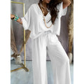 Women's 2 Piece Outfit, Casual Solid Color V-Neck Half Sleeve Top And Wide Leg Pants Lounge Set Lady T Fashions