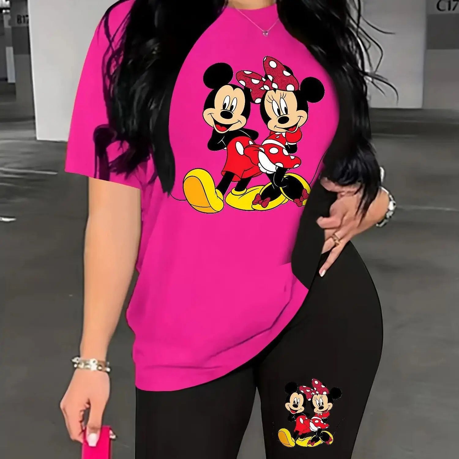 A Two-Piece Outfit Featuring a Printed Short-Sleeve T-Shirt with Dropped Shoulders And Cropped Leggings, Designed for Plus-Size Women, Licensed with Mickey And Minnie. Lady T Fashions