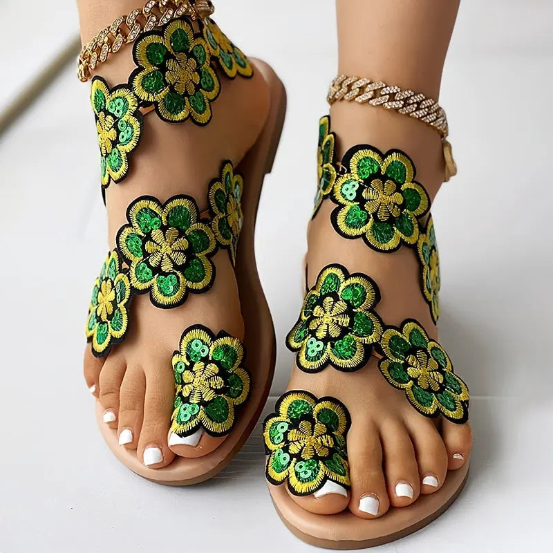 [Flowers Flat Women's Sandals] Women's Flowers Flat Sandals, Fashion Toe Loop Faux Pearl Slip On Shoes, Casual Beach Travel Sandals Lady T Fashions