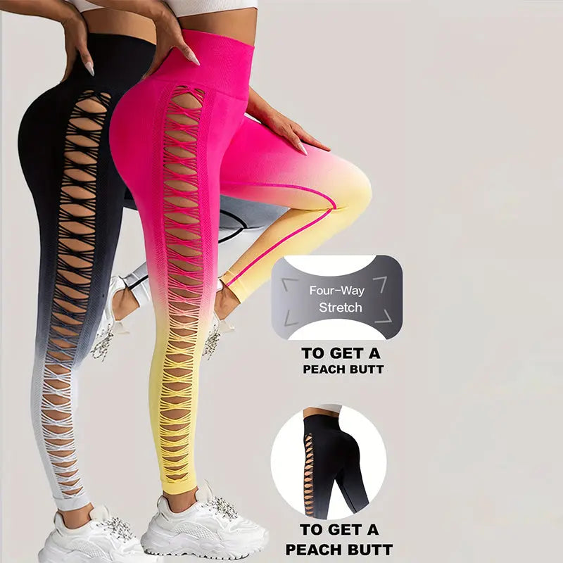 2 Pack Cut Out Ombre Gradient Color Hollow High-waist Butt-lifting Fitness Women's Yoga Pants, Women's High Waist Yoga Pants Cutout Ripped Super Soft And Comfortable Skinny Lady T Fashions