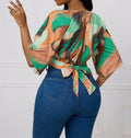 Ladies' Round Neck Printed Waist Cinched Shirt Top Lady T Fashions