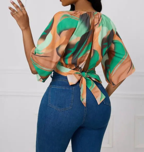 Ladies' Round Neck Printed Waist Cinched Shirt Top Lady T Fashions