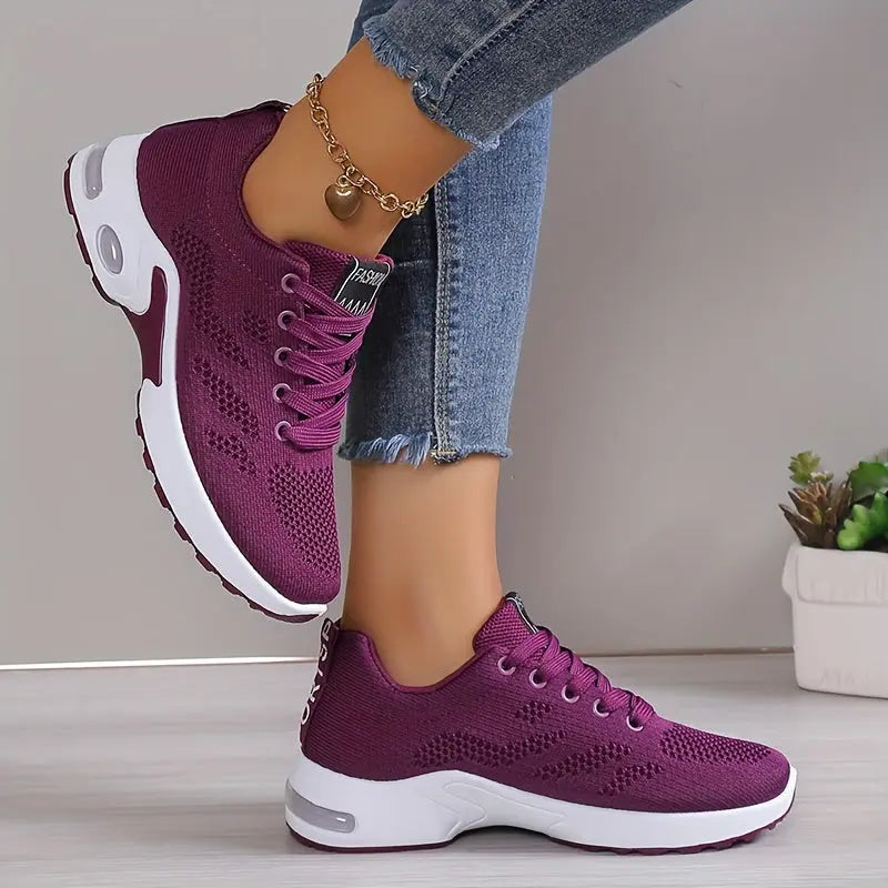 Plus Size Women's Comfortable Air Cushion Low Top Running Sneakers, Lace Up Knitted Outdoor Athletic Shoes Lady T Fashions