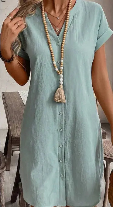 Solid Notched Button Front Batwing Sleeve Shirt Dress Lady T Fashions