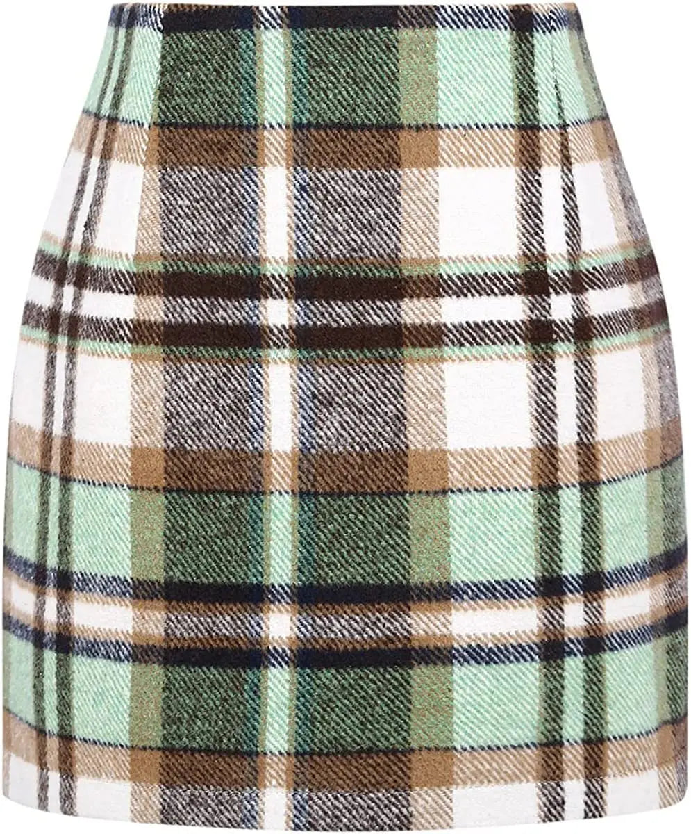 Women's High Waist Plaid Tight Pencil Wool Mini Skirt Lady T Fashions