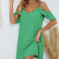 Ladies' Summer New Solid Color Mushroom Edge Folded Sleeves Off Shoulder Thin Strap V-neck Detail Design Resort Beach Dress Lady T Fashions