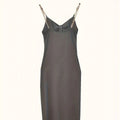 Women's Solid Color New Fashionable Metal Chain Hollow Chest Pleat Details Slit Design Sense Long Sexy Style Dress Lady T Fashions