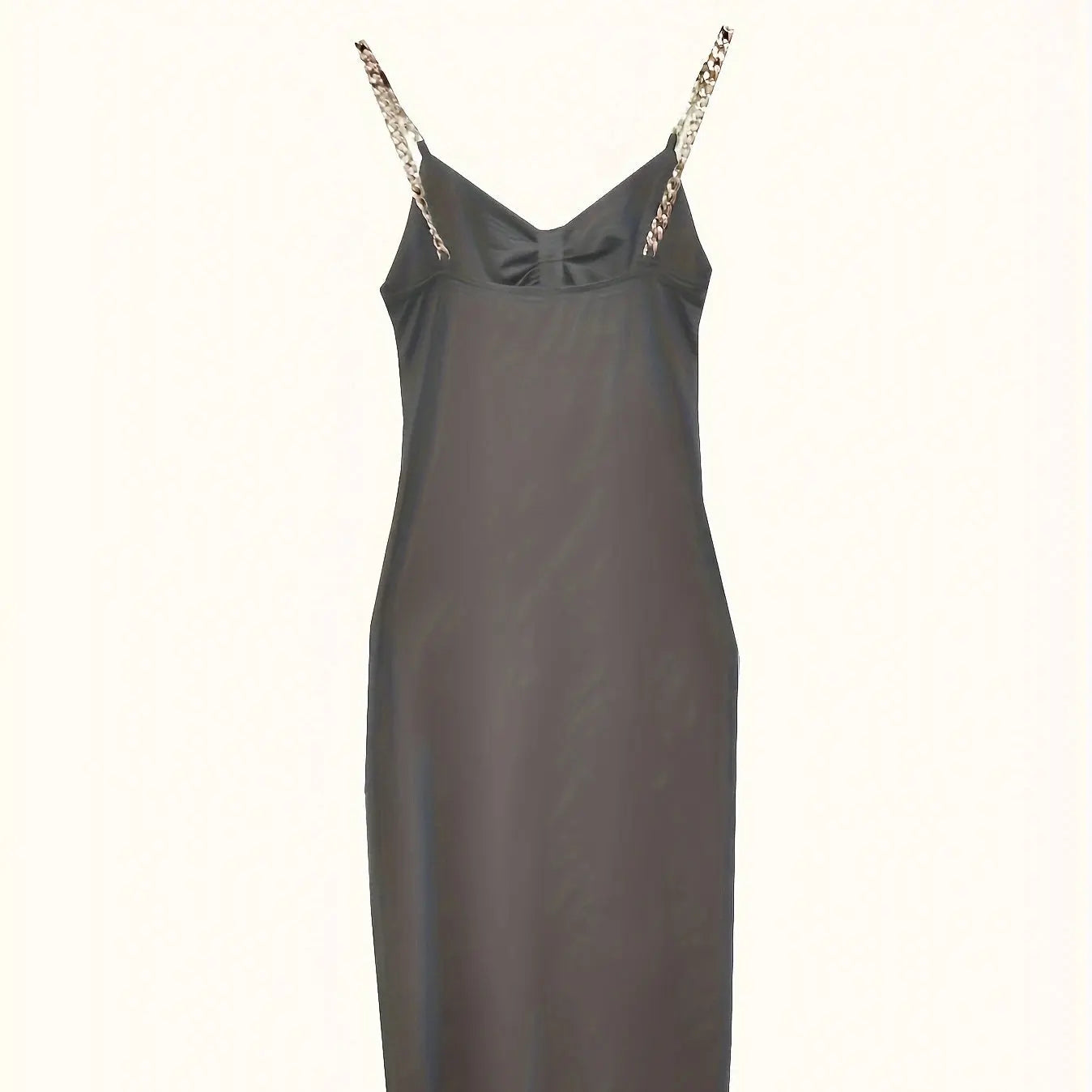 Women's Solid Color New Fashionable Metal Chain Hollow Chest Pleat Details Slit Design Sense Long Sexy Style Dress Lady T Fashions