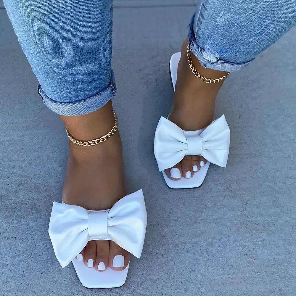 [Versatile Slippers] Versatile Non Slip Women's Bowknot Flat Slippers | Solid Color Square Open Toe Indoor & Outdoor Slides Shoes Lady T Fashions