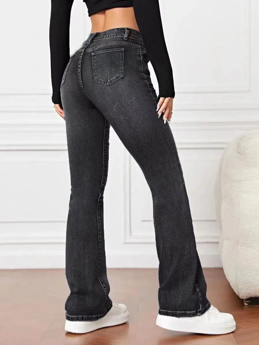 Denim High Waist Loose And Slimming Bootcut Trousers Lady T Fashions