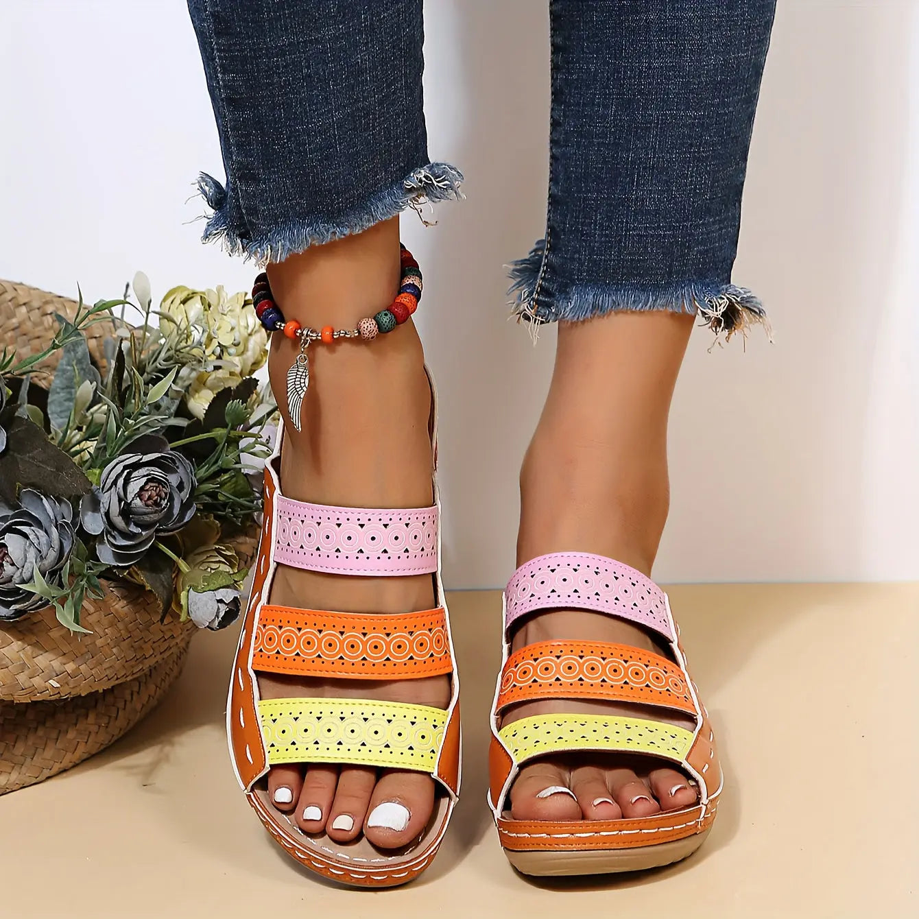 Women's Colorblock Wedge Sandals, Open Toe Hollow Out Slip On Slides Shoes, Casual Outdoor Slides Lady T Fashions