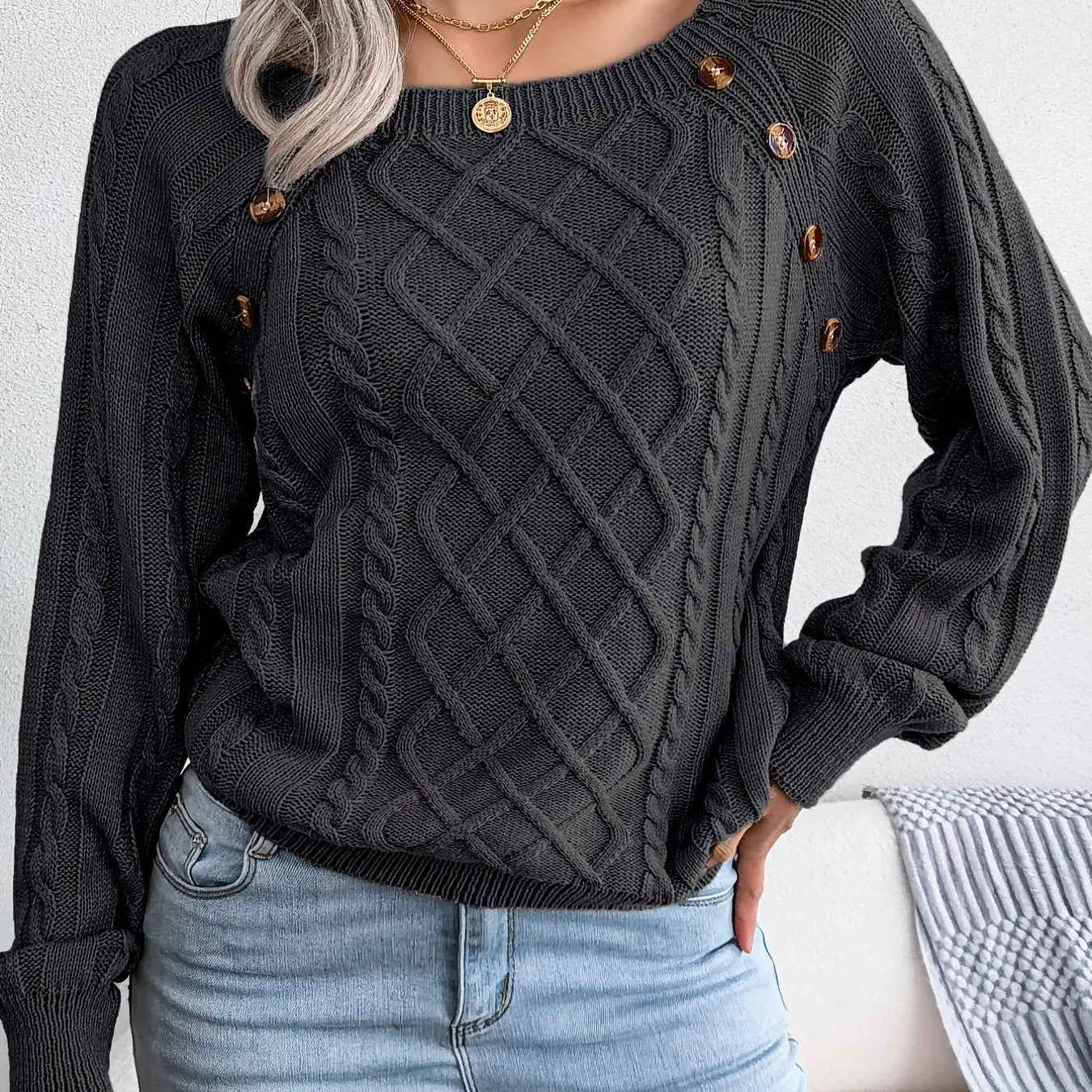 Texture Button Lantern Sleeve Sweater - Women's Round Neck Sweater Lady T Fashions