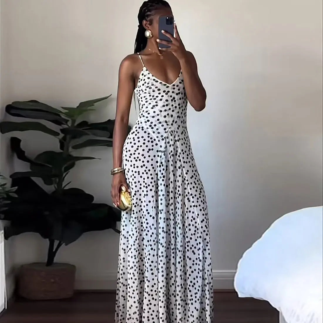 Street Shot Polka Dot Print Sleeveless Sling High Waist Dress Lady T Fashions