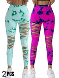 2 Pack New Style Hollow-Out Tie-Dye High-Waisted Tummy-Control Yoga Pants Lady T Fashions