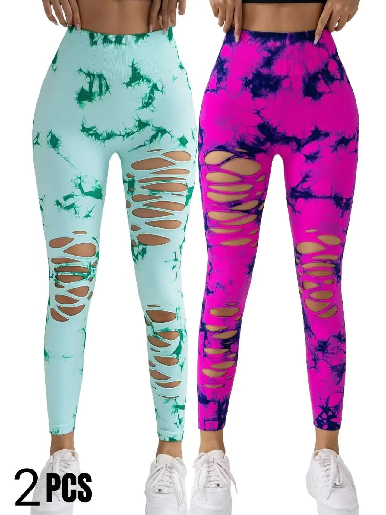 2 Pack New Style Hollow-Out Tie-Dye High-Waisted Tummy-Control Yoga Pants Lady T Fashions