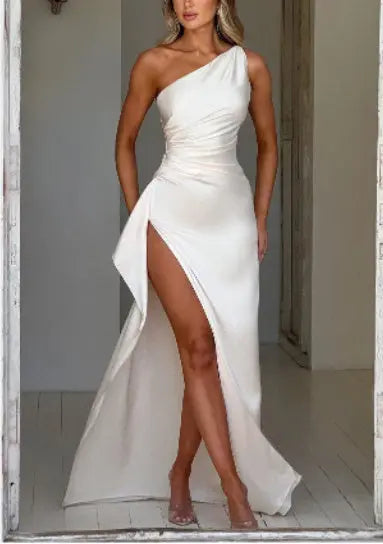 Sexy One-shoulder Backless Slit Dress Summer Elegant Slim-fit Solid Color Satin Dresses For Women Lady T Fashions