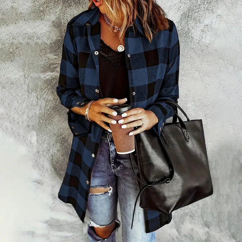 Women's Long Sleeve Plaid Print Button Front Casual Shirt For Spring & Fall Lady T Fashions