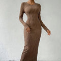 Women's Crew Neck Long Sleeve Ribbed Dress Side Slit Knit Bodycon Midi Dress Lady T Fashions