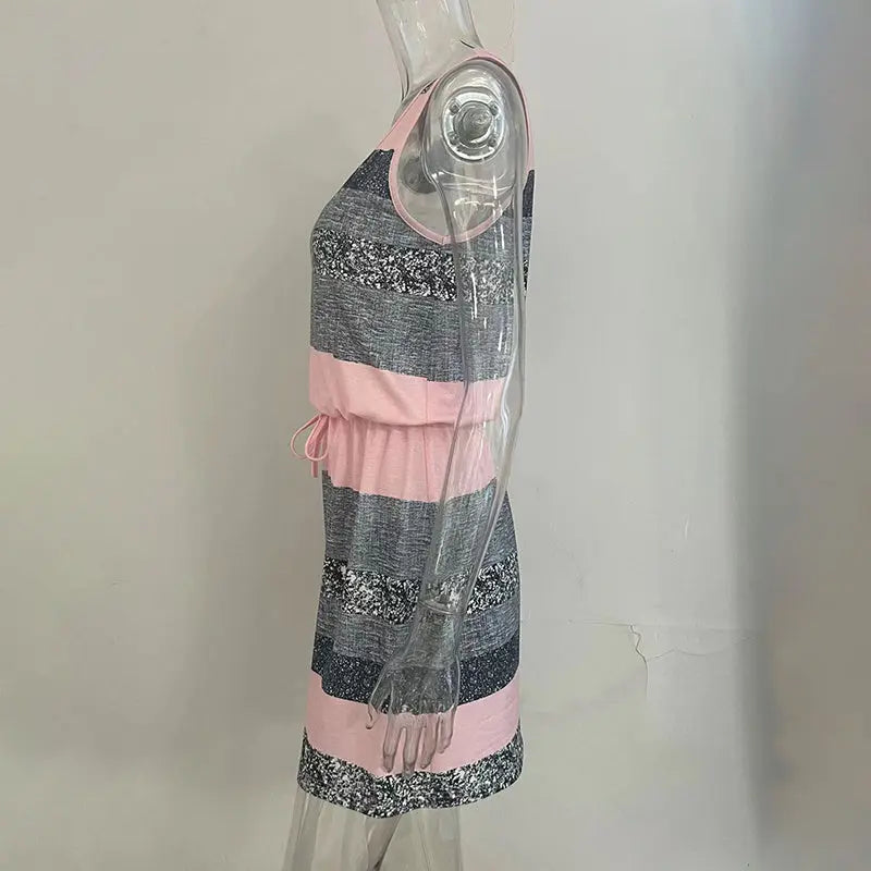 Women's Sleeveless With Adjustable Waist Tie Vest Dress - Casual Summer Mini Dress With Color Block Striped Design Lady T Fashions