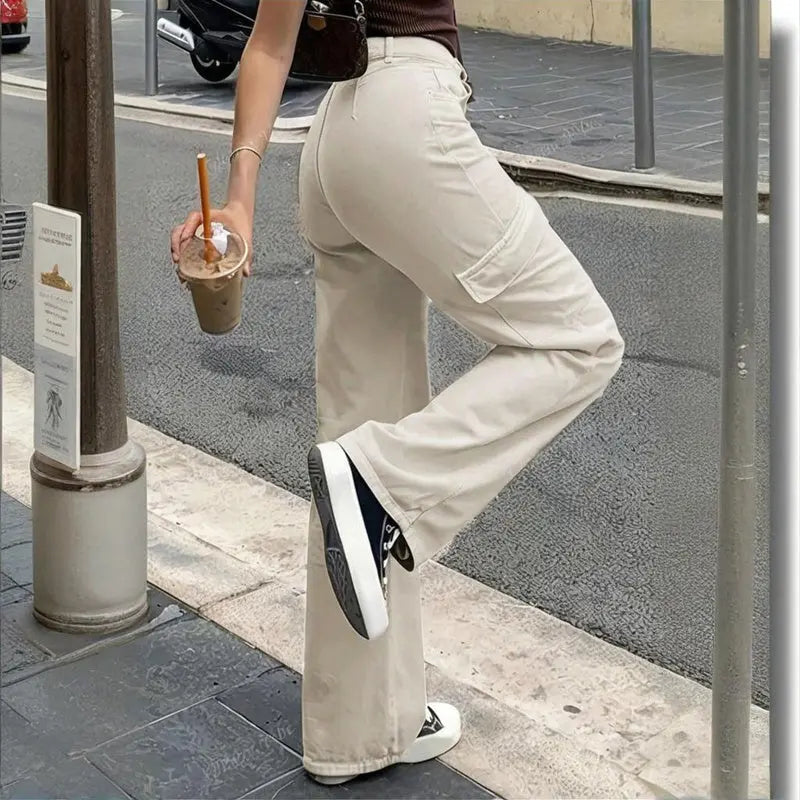Women's Solid Color Wide Leg Pants With 4 Pockets - Button & Zip Front Casual Trousers For Spring&Fall Lady T Fashions