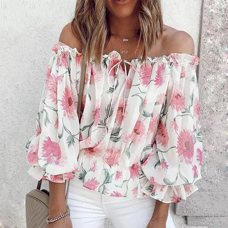 Womens Summer Off Shoulder Blouse Floral Print Ruffle Sleeve Casual Chiffon Tops Shirts Lady T Fashions