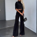 Women's Elegant Solid Color Half Sleeve Short Top With Straight Leg Pants Two-Piece Office Wear Suit With Pockets Lady T Fashions