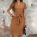 Women's Elegant V Neck Short Sleeve High Waist Summer Casual Dress With Belt Lady T Fashions