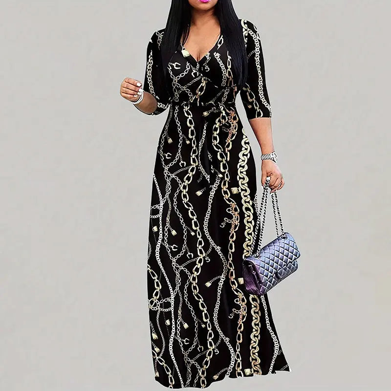 Women's V-Neck Elegant Half-Sleeve Belted Waist Print Maxi Dress For Spring&Summer Dress Lady T Fashions