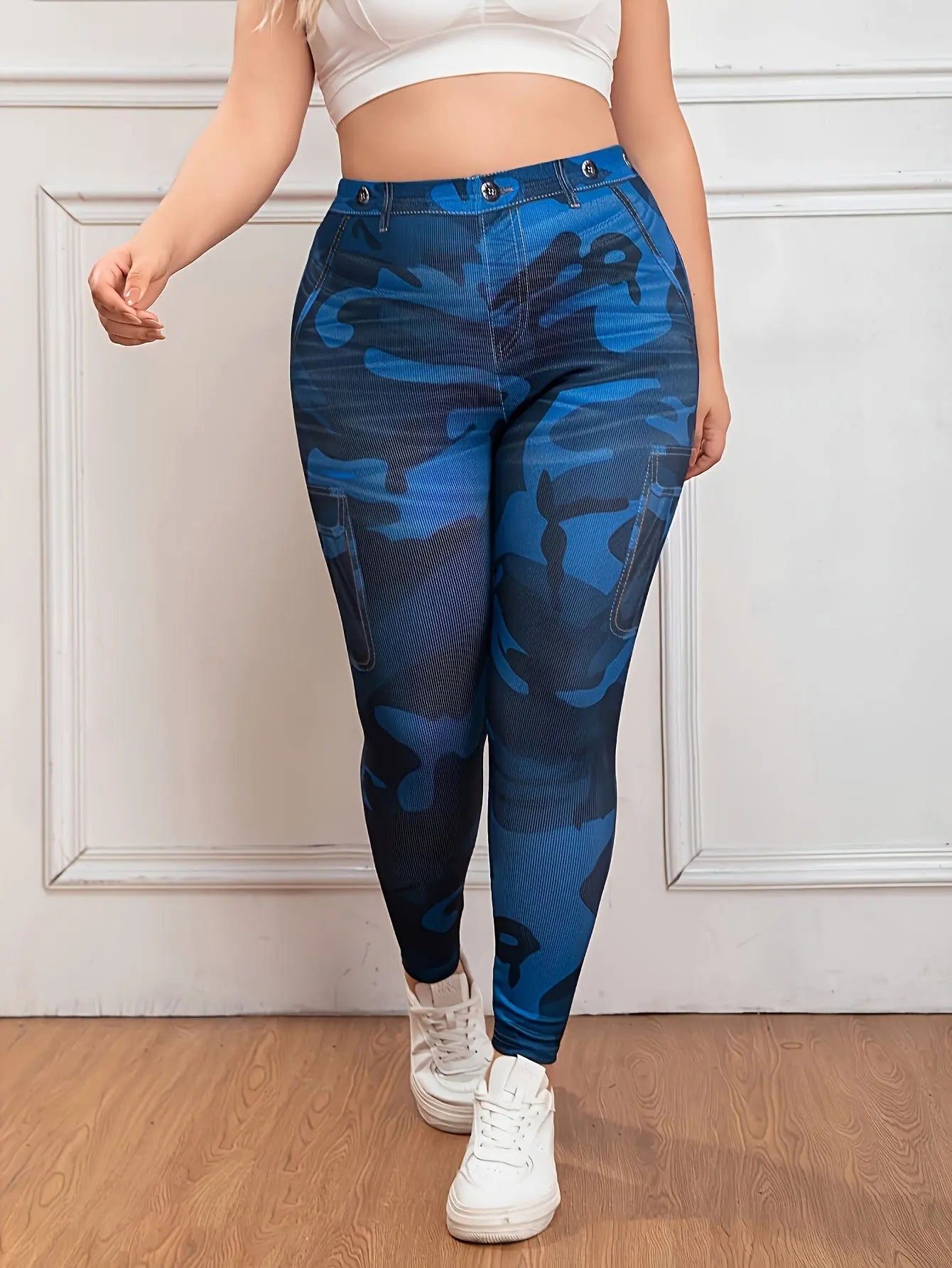 【imitation denim】Plus Size - Stretchy Leggings with a Camouflage Pattern for Plus-Size Women. Lady T Fashions