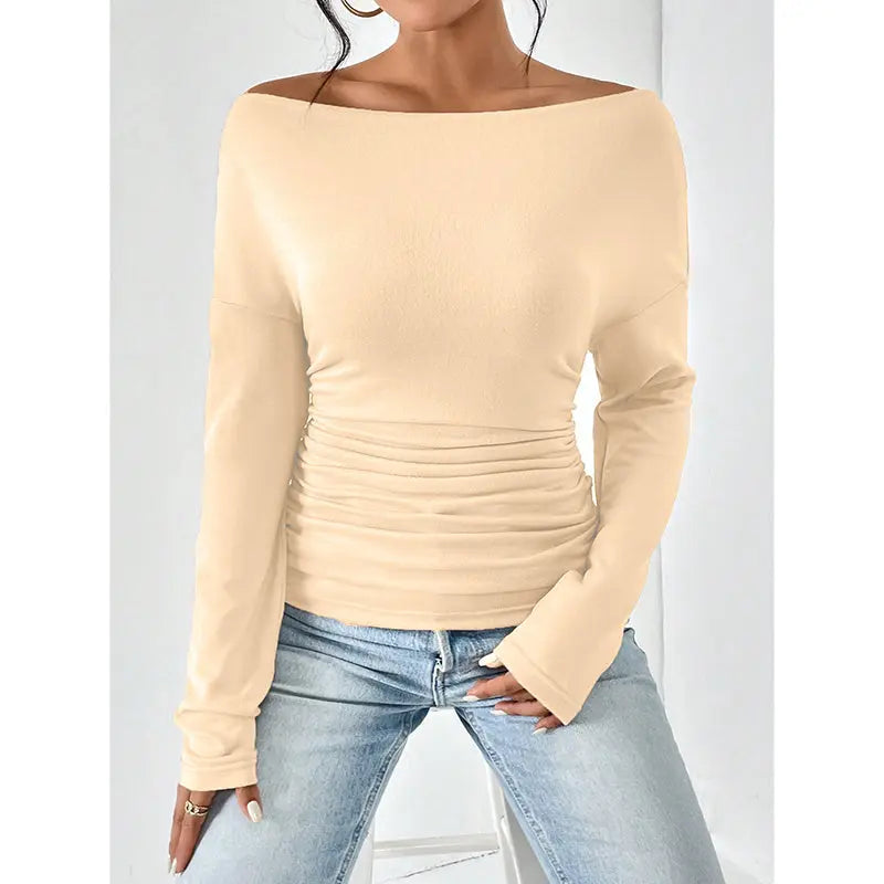 Women's Off The Shoulder Tops Long Sleeve T Shirts Going Out Tops Casual Trendy Ruched Slim Fitted Tees Lady T Fashions