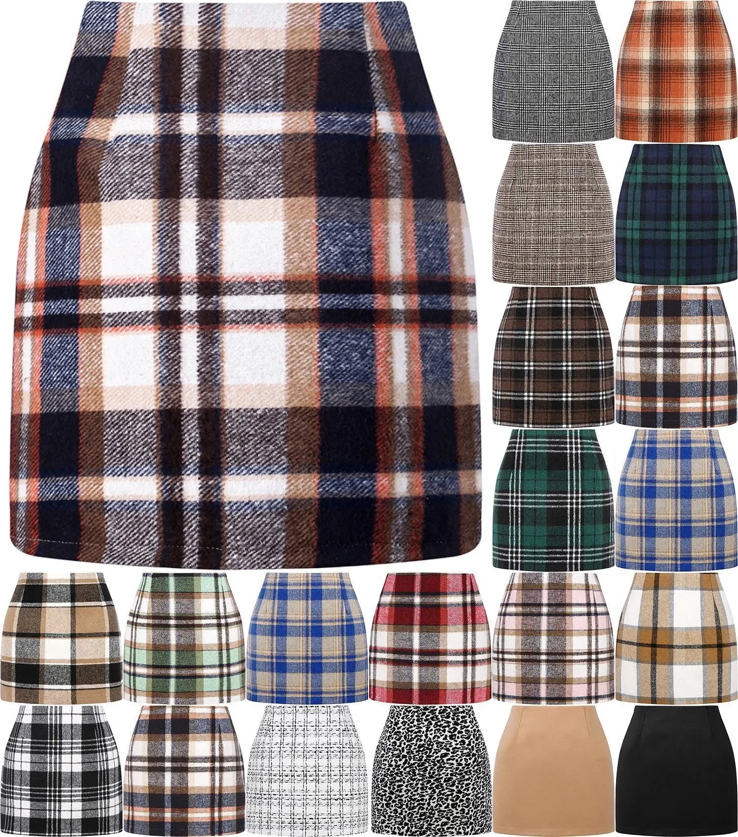 Women's High Waist Plaid Tight Pencil Wool Mini Skirt Lady T Fashions