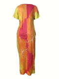 [Tie Dye Maxi Dress] Elegant Plus Size Maxi Dress | Women's Tie Dye Print Short Sleeve with Pocket, Medium Stretch Long Dress Lady T Fashions