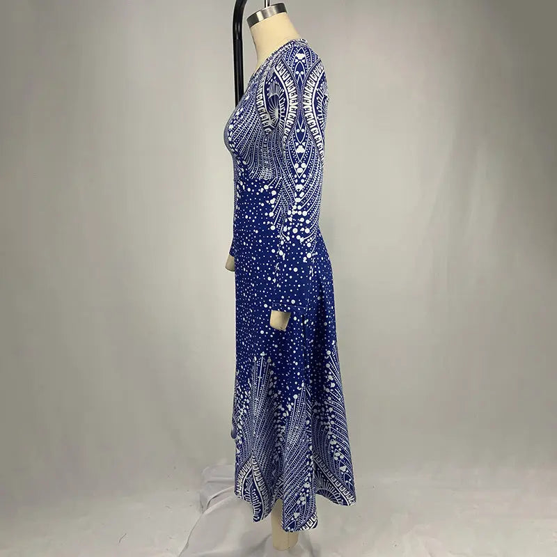 Women's Plus Size Elegant V-Neck Long Sleeve A-Line Dress With Starry Sky Print, Slim-Fit Flowy Maxi Dress For Holiday & Party Wear Lady T Fashions