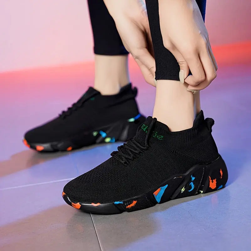 Women's Breathable Flying Woven Sneakers, Casual Lace Up Outdoor Shoes, Lightweight Low Top Trainers Lady T Fashions