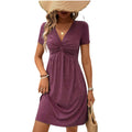 Color Cotton Short Sleeve V-neck Design Chest Twist Waist Dress Lady T Fashions