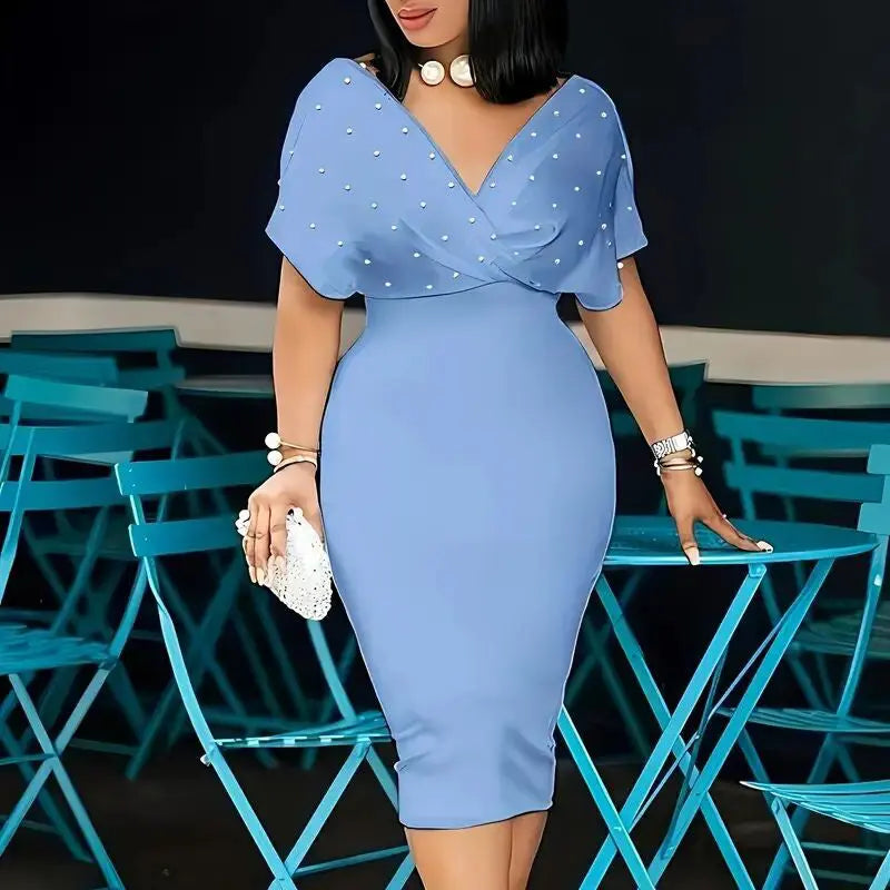 Women's Elegant Deep V Neck Wrap Bodycon Dress Back Zipper Pencil Midi Dress Lady T Fashions
