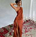 Sexy One-shoulder Backless Slit Dress Summer Elegant Slim-fit Solid Color Satin Dresses For Women Lady T Fashions