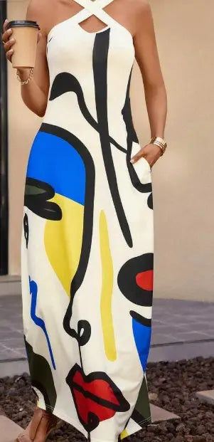 Women Summer Casual Vacation V-Neck Straight Dress, With Side Pockets, Stripes And Face Print Pattern Lady T Fashions