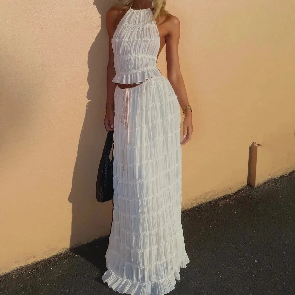 2pcs Women's Dress Suit Sexy Sleeveless Backless Cropped Halter Top And Pleated Long Skirt Beach Clothing Lady T Fashions