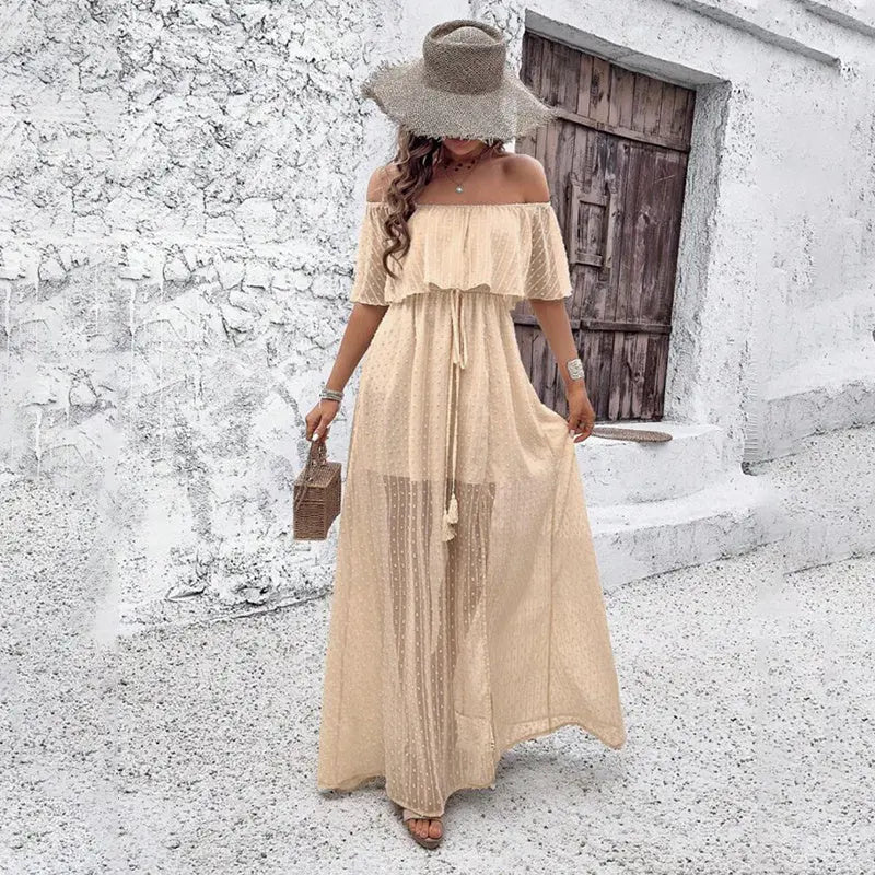 Womens Off The Shoulder Ruffle Party Dresses Side Split Beach Maxi Dress Lady T Fashions